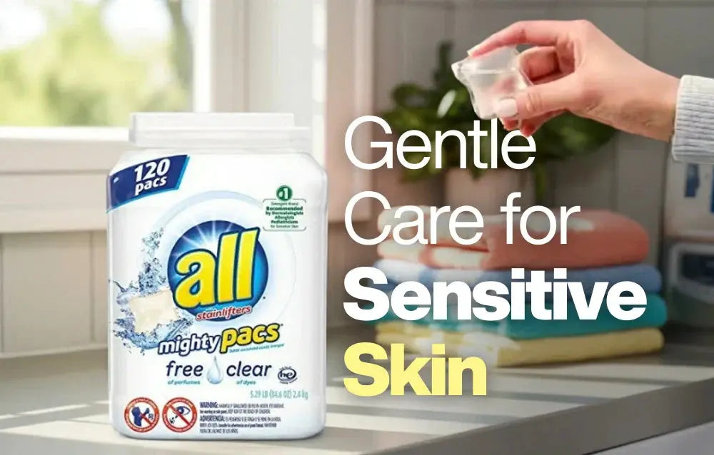 Why all® Free Clear Is a Trusted Choice for Sensitive Skin - All pods and human hand with all pod in a laundy room