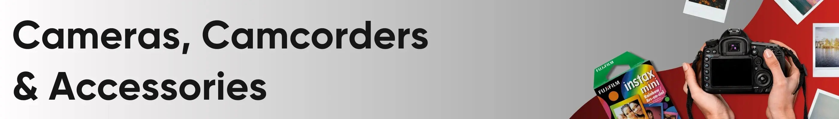 An array of digital cameras, camcorders, and accompanying accessories like lenses, memory cards, tripods, and camera bags displayed on a store shelf, representing a range of photography and videography equipment for both amateurs and professionals.