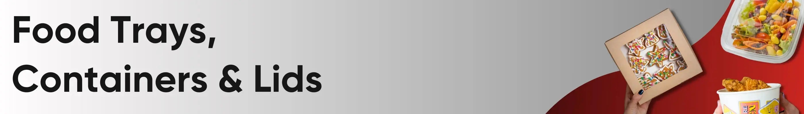 A variety of food packaging solutions including clear plastic trays of different sizes, black microwavable containers with matching lids, and transparent salad container lids, all neatly organized and displayed for commercial use. | Flipcost.com