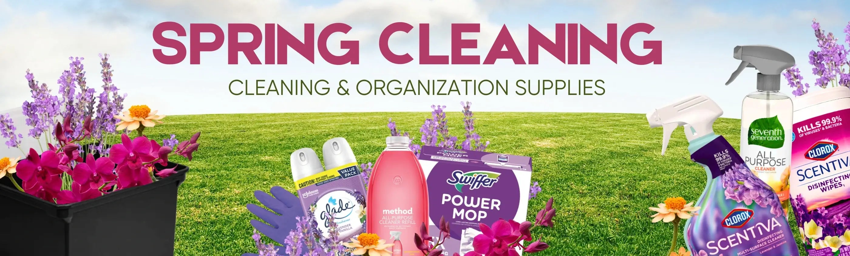 Spring Cleaning products with a grass field background and flowers.