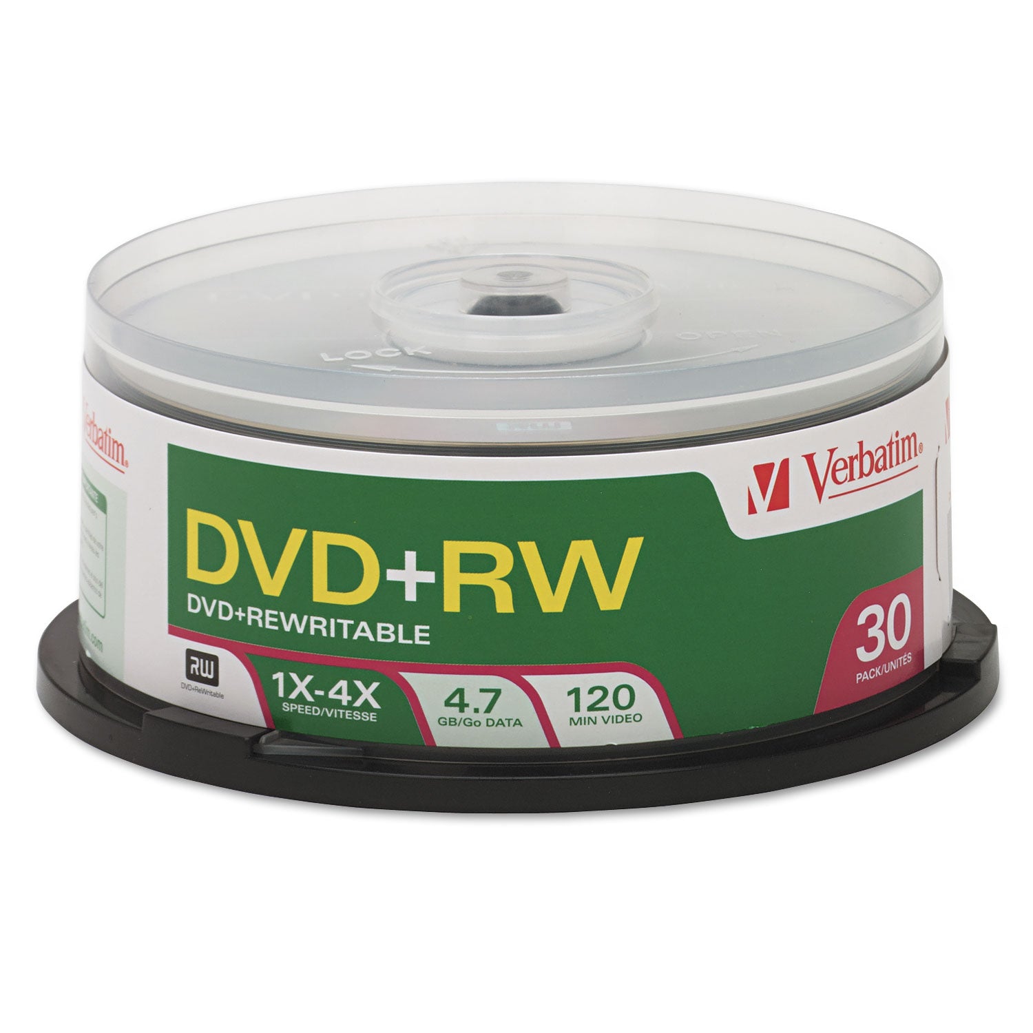 Verbatim® Dvd+rw Rewritable Disc, 4.7 Gb, 4x, Spindle, Silver, 30/pack