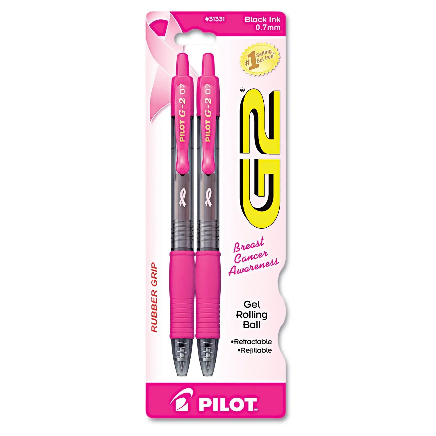 G2 Premium Breast Cancer Awareness Gel Pen, Retractable, Fine 0.7 mm, Black Ink, Smoke/Pink Barrel, 2/Pack Pilot® Flipcost
