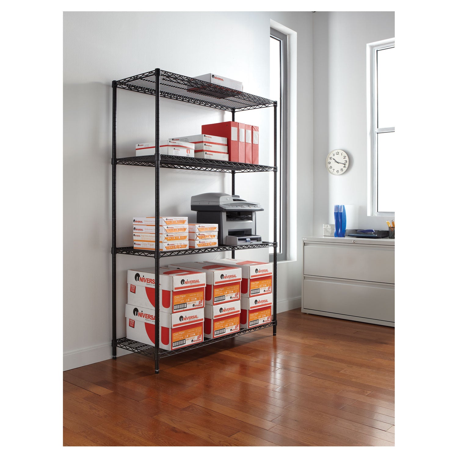 Alera® NSF Certified Industrial Four-Shelf Wire Shelving Kit, 48w x 18d x 72h, Black
