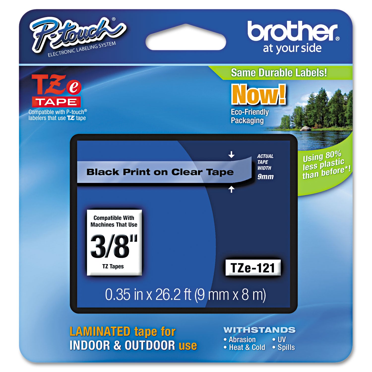 Brother P-Touch® Tze Standard Adhesive Laminated Labeling Tape, 0.35" X 26.2 Ft, Black On Clear