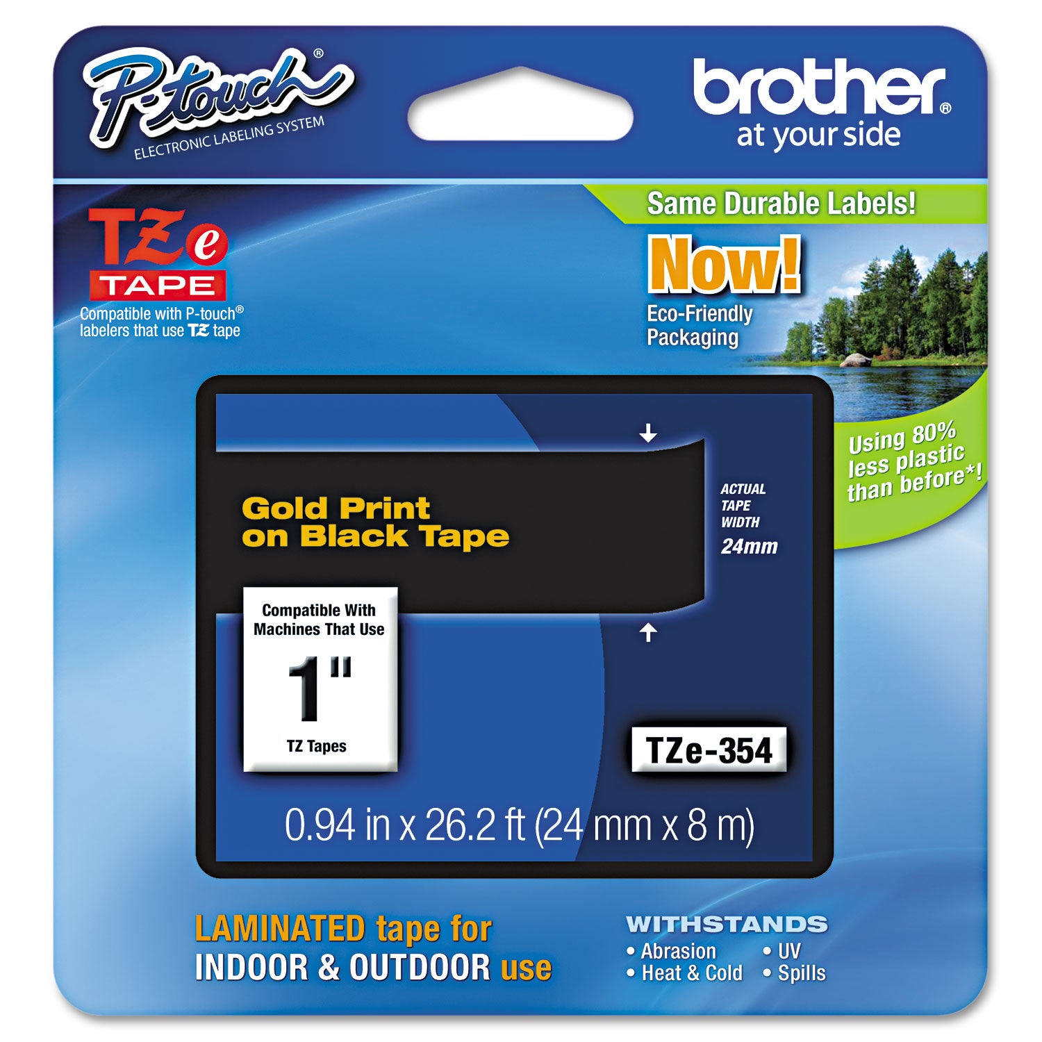 Brother P-Touch® Tze Standard Adhesive Laminated Labeling Tape, 0.94" X 26.2 Ft, Gold On Black