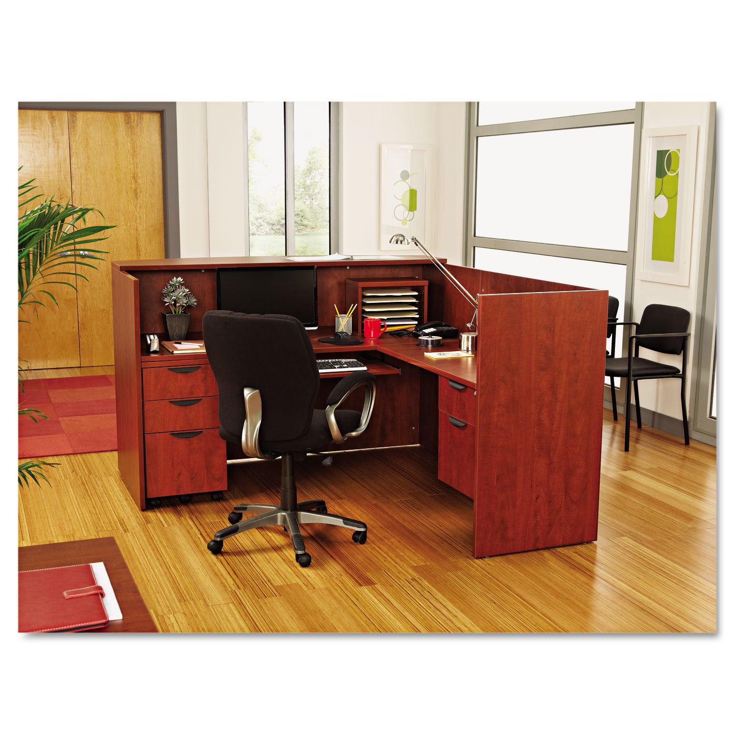 Alera® Alera Valencia Series Reception Desk With Transaction Counter, 71" X 35.5" X 29.5" To 42.5", Medium Cherry