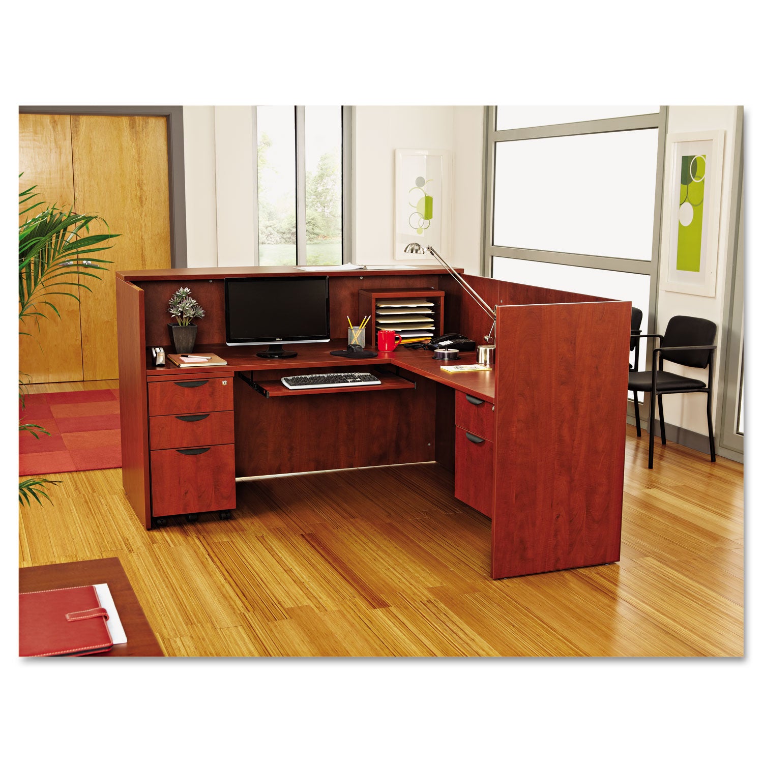 Alera® Alera Valencia Series Reception Desk With Transaction Counter, 71" X 35.5" X 29.5" To 42.5", Medium Cherry