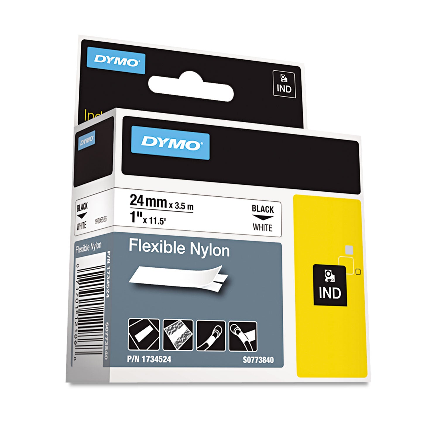 DYMO® Rhino Flexible Nylon Industrial Label Tape, 1" X 11.5 Ft, White/black Print