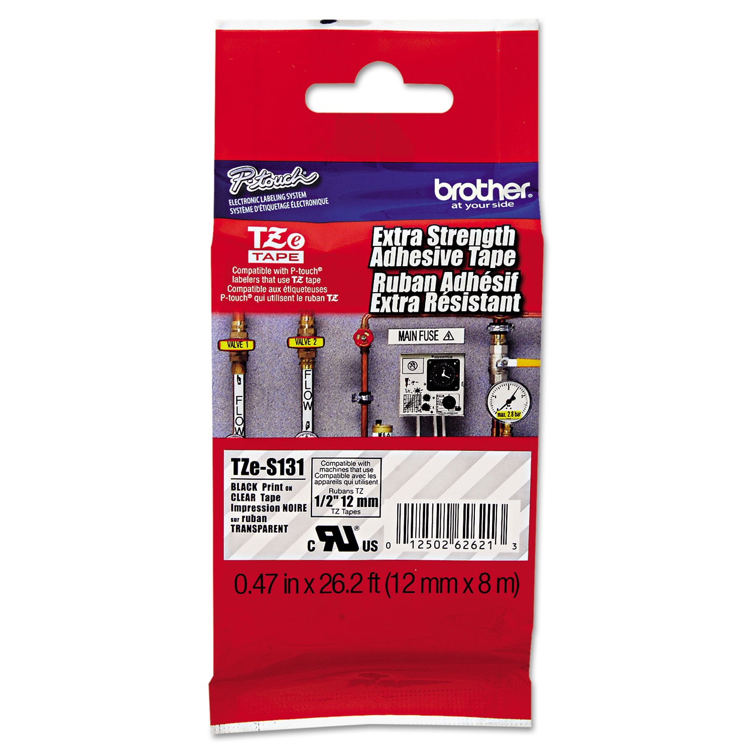 Brother P-Touch® Tze Extra-Strength Adhesive Laminated Labeling Tape, 0.47" X 26.2 Ft, Black On Clear