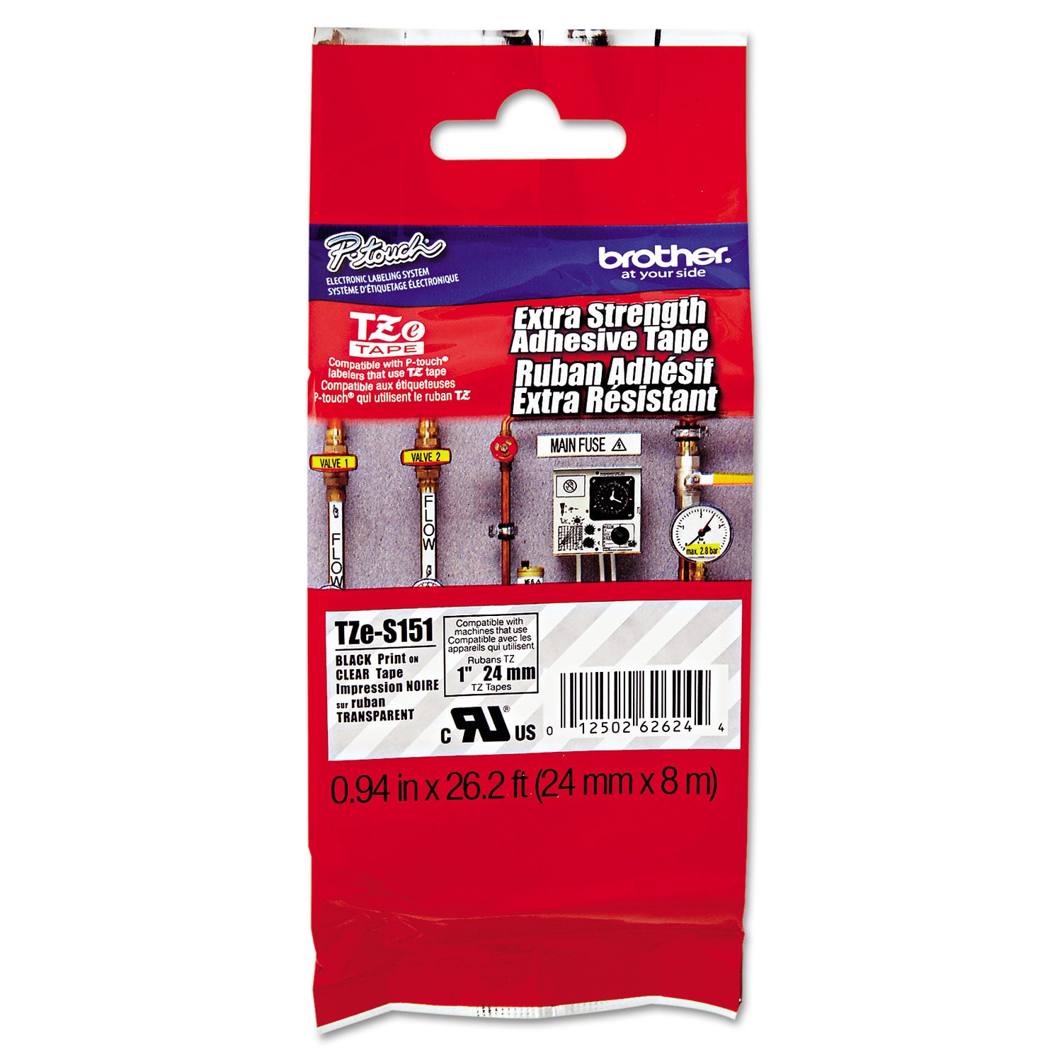 Brother P-Touch® Tze Extra-Strength Adhesive Laminated Labeling Tape, 0.94" X 26.2 Ft, Black On Clear