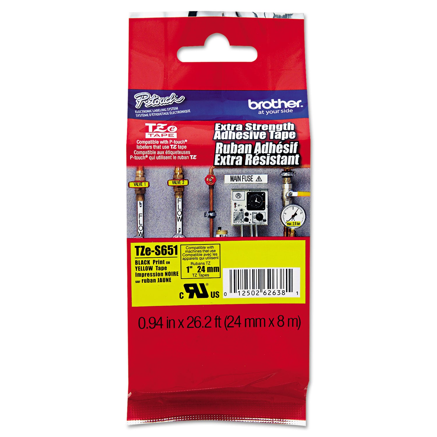 Brother P-Touch® Tze Extra-Strength Adhesive Laminated Labeling Tape, 0.94" X 26.2 Ft, Black On Yellow