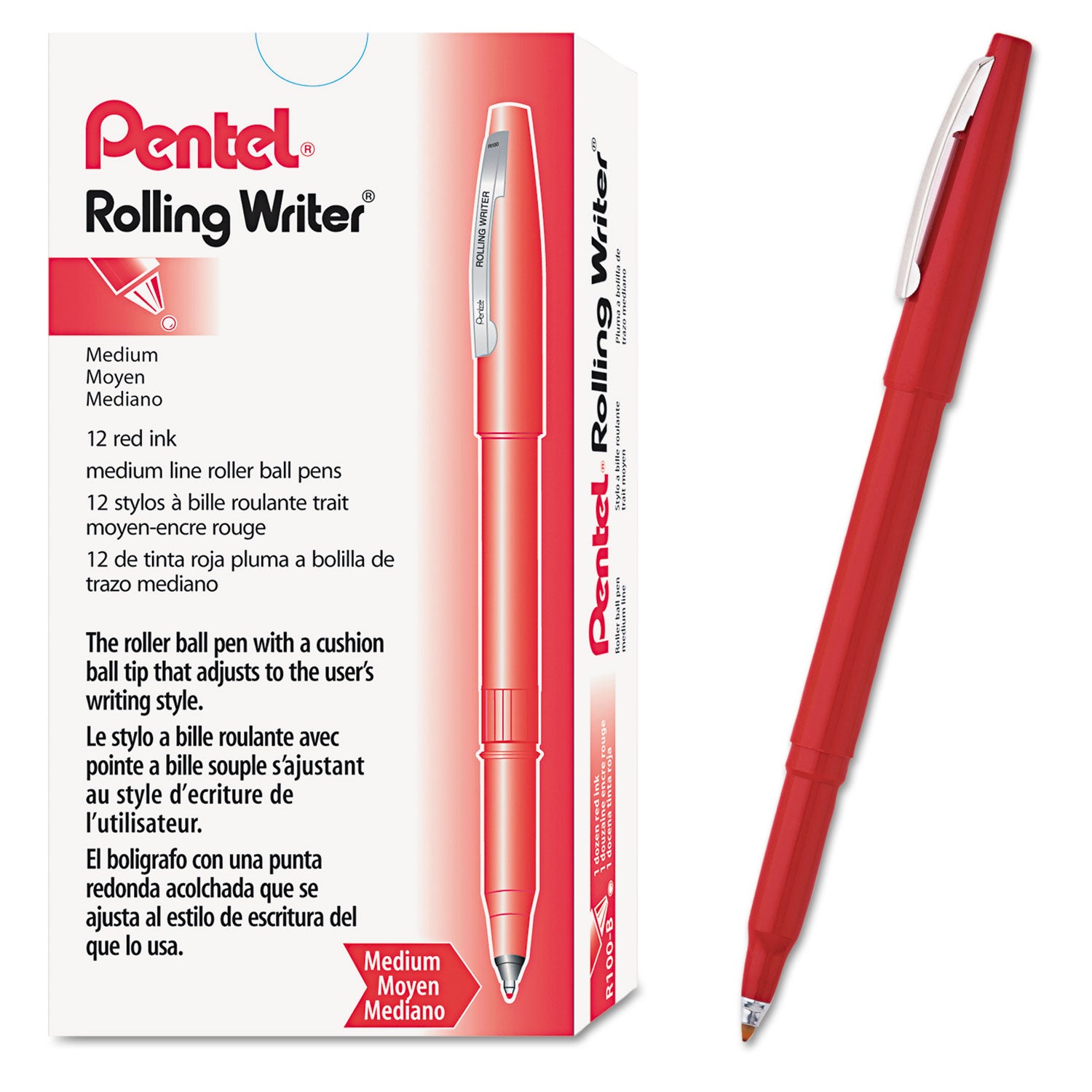 Pentel® Rolling Writer Rollerball Pen, Stick, Medium 0.8 mm, Red Ink, Red Barrel, Dozen
