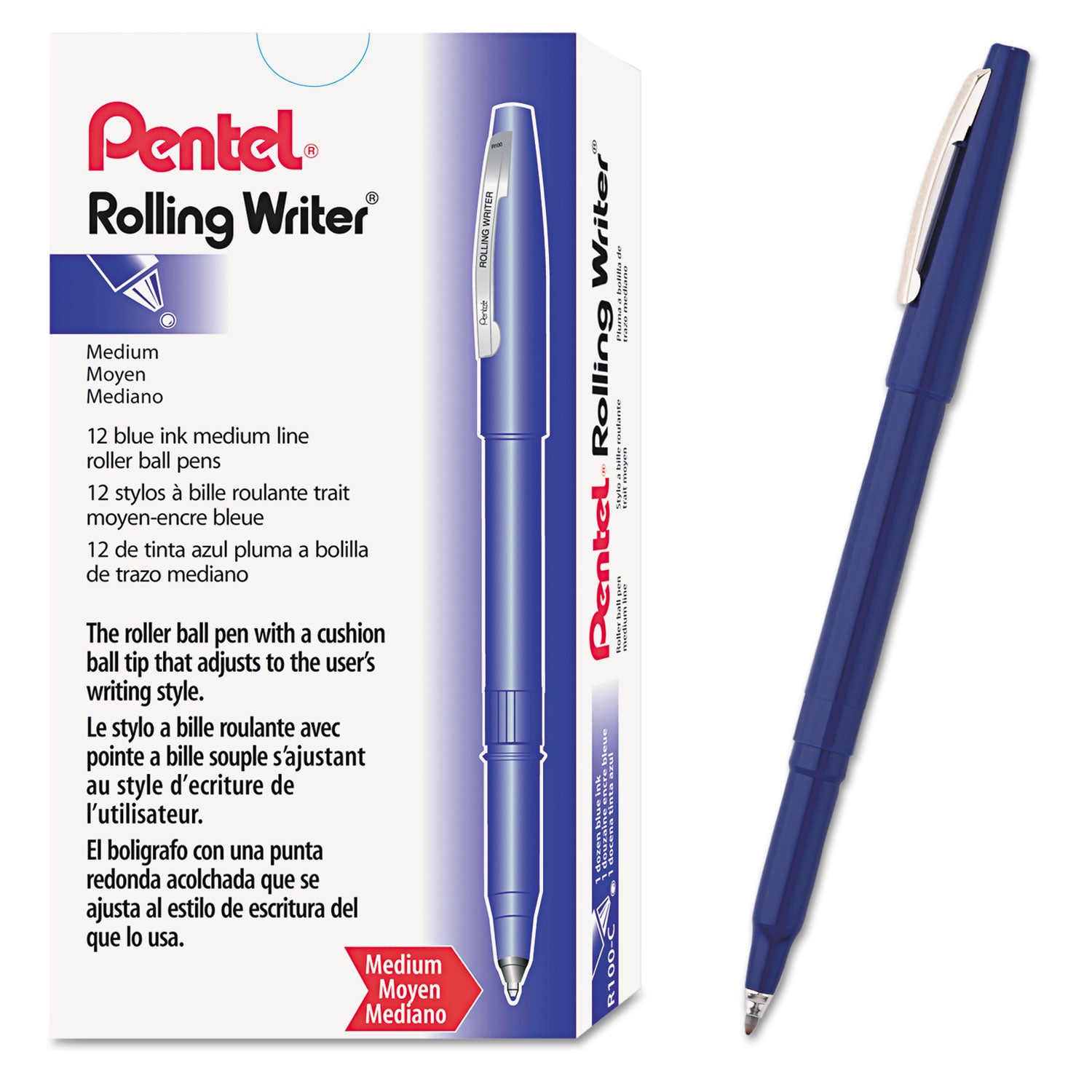 Pentel® Rolling Writer Rollerball Pen, Stick, Medium 0.8 mm, Blue Ink, Blue Barrel, Dozen