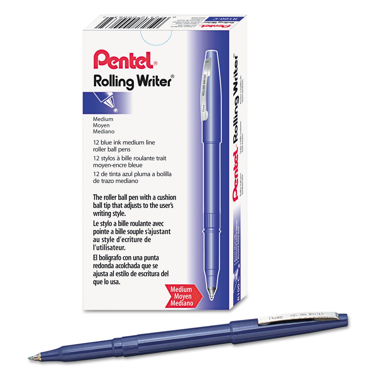 Pentel® Rolling Writer Rollerball Pen, Stick, Medium 0.8 mm, Blue Ink, Blue Barrel, Dozen