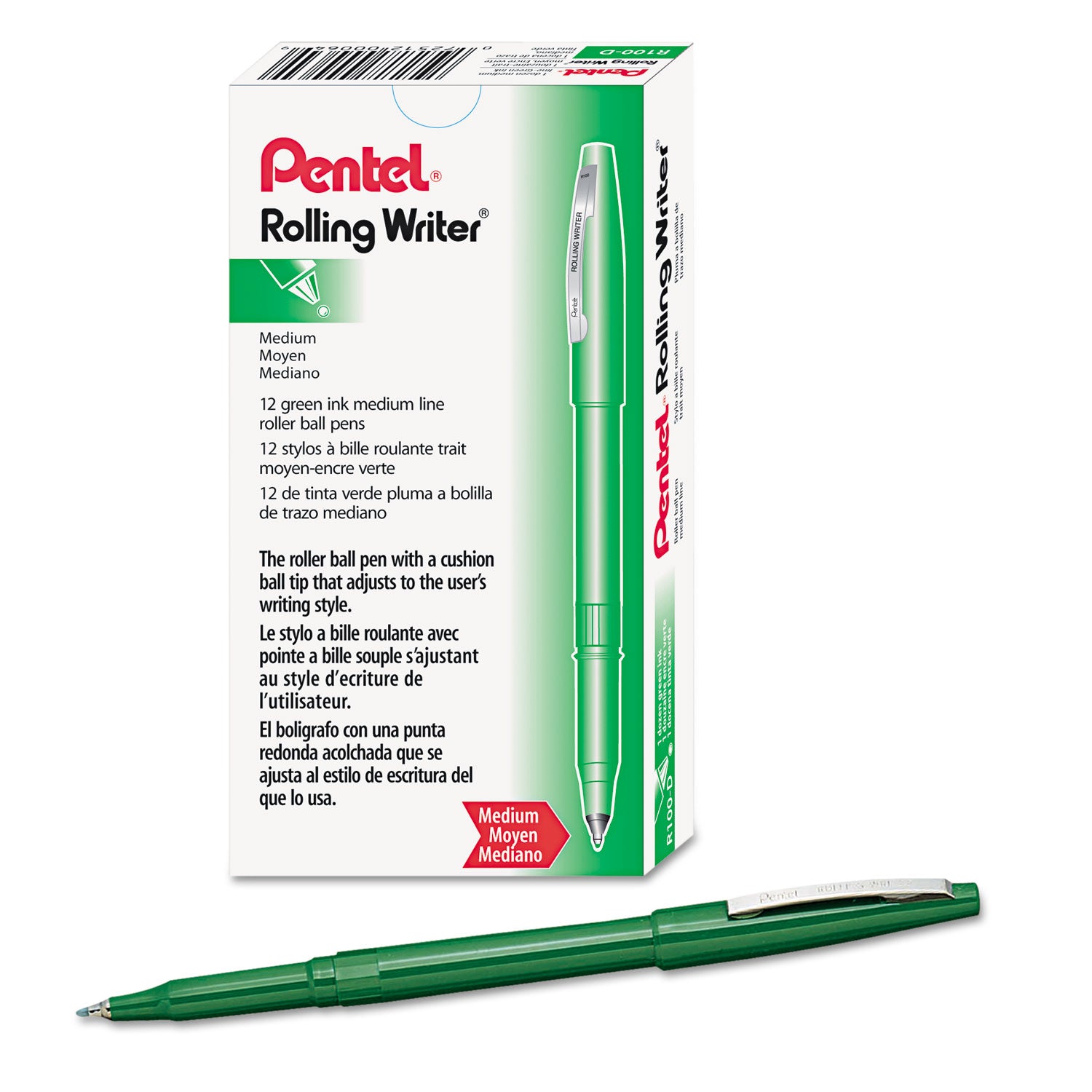 Pentel® Rolling Writer Rollerball Pen, Stick, Medium 0.8 mm, Green Ink, Green Barrel, Dozen