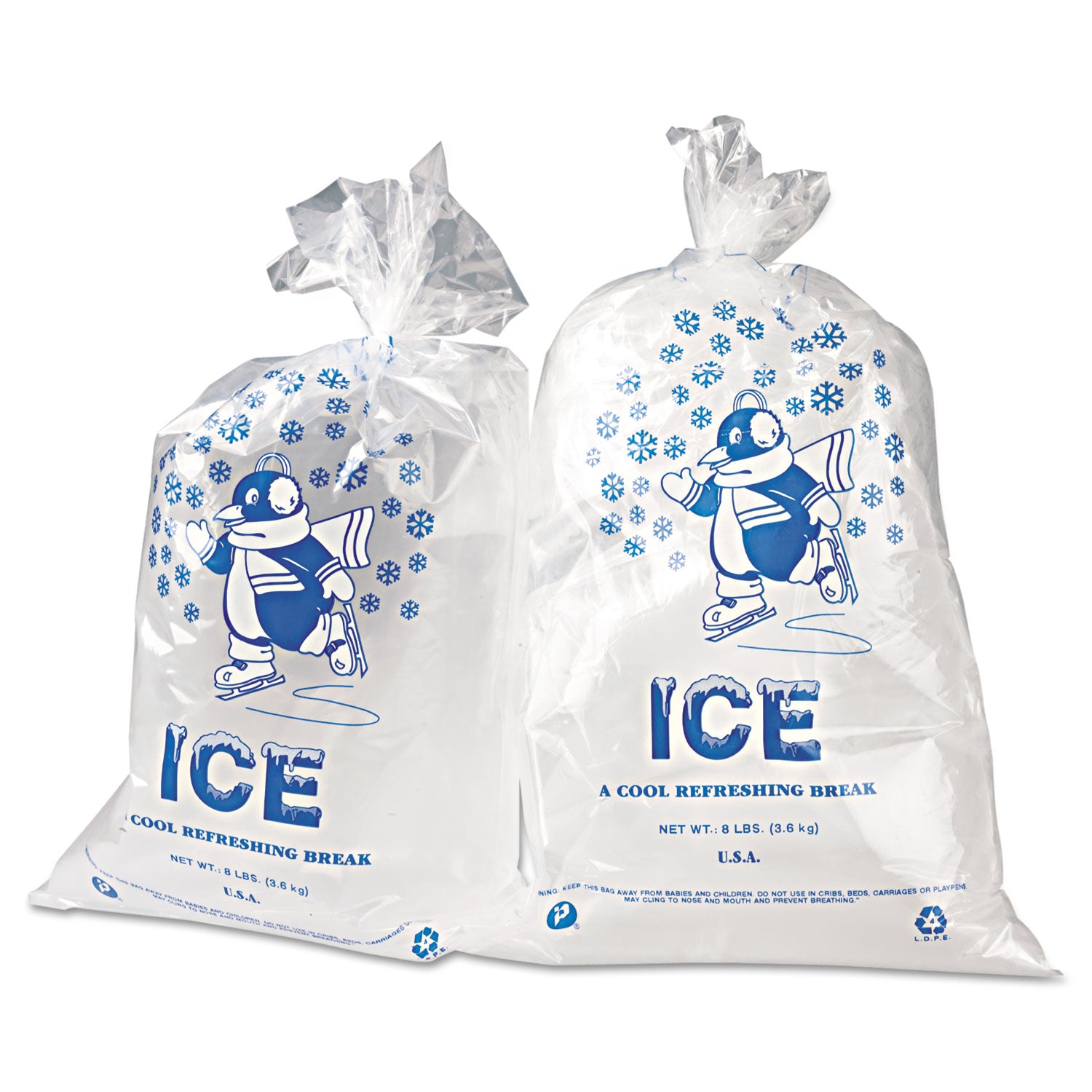 Inteplast Group Ice Bags with Twist-Ties, Ice: Penguin Icon Labeling, 8 lb Capacity, 11" x 20", Clear, 1,000/Carton