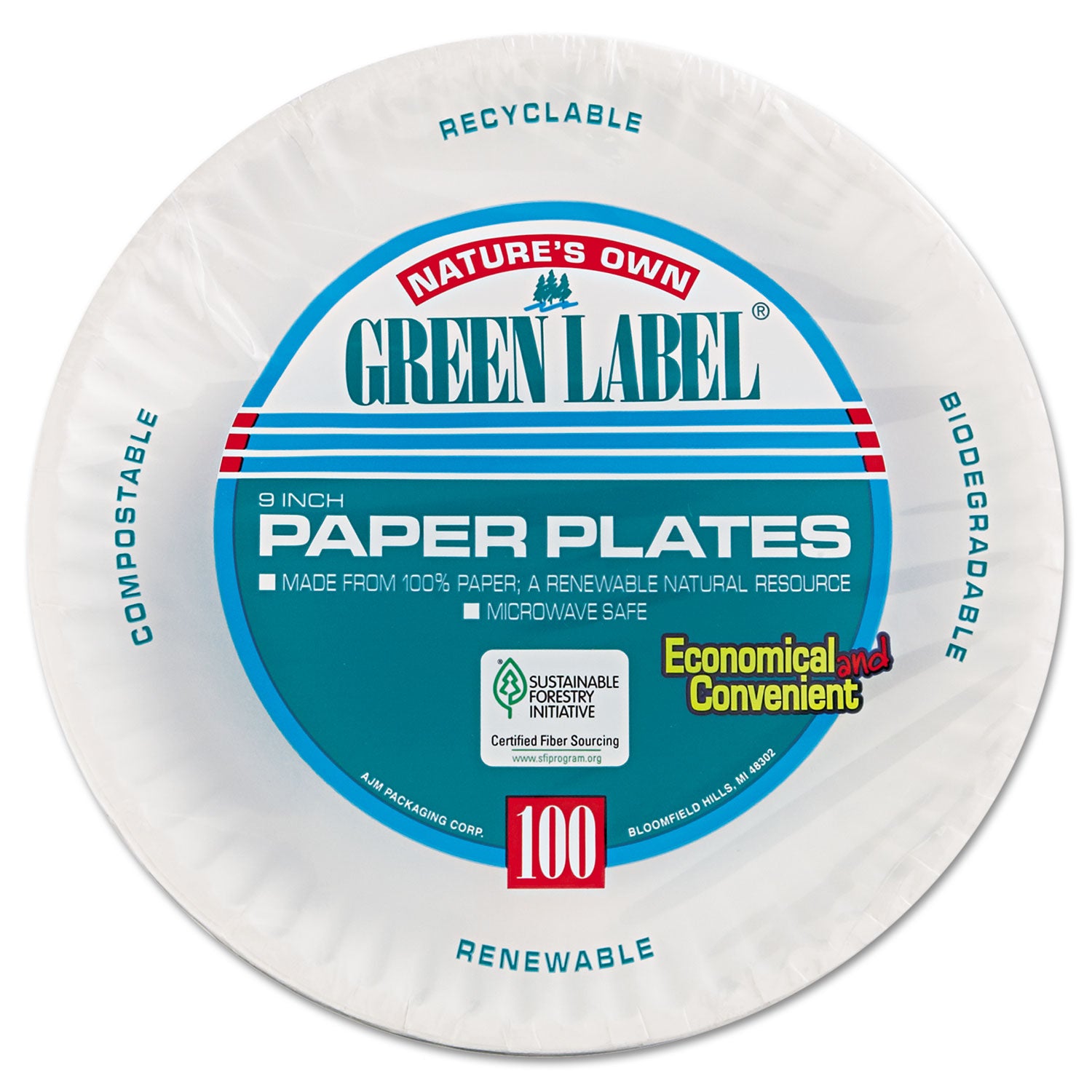AJM Packaging Corporation Paper Plates, 9" Dia, White, 100/pack