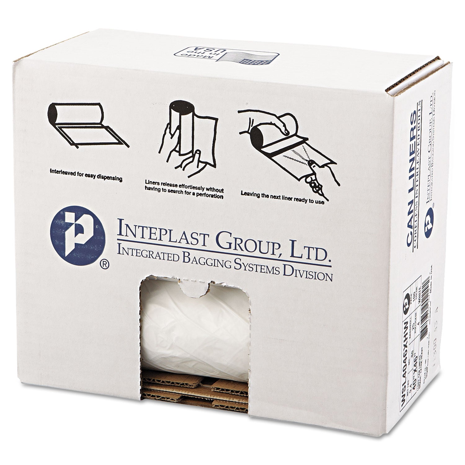 Inteplast Group Low-Density Commercial Can Liners, 45 gal, 0.8 mil, 40" x 46", White, Interleaved Roll, 25 Bags/Roll, 4 Rolls/Carton