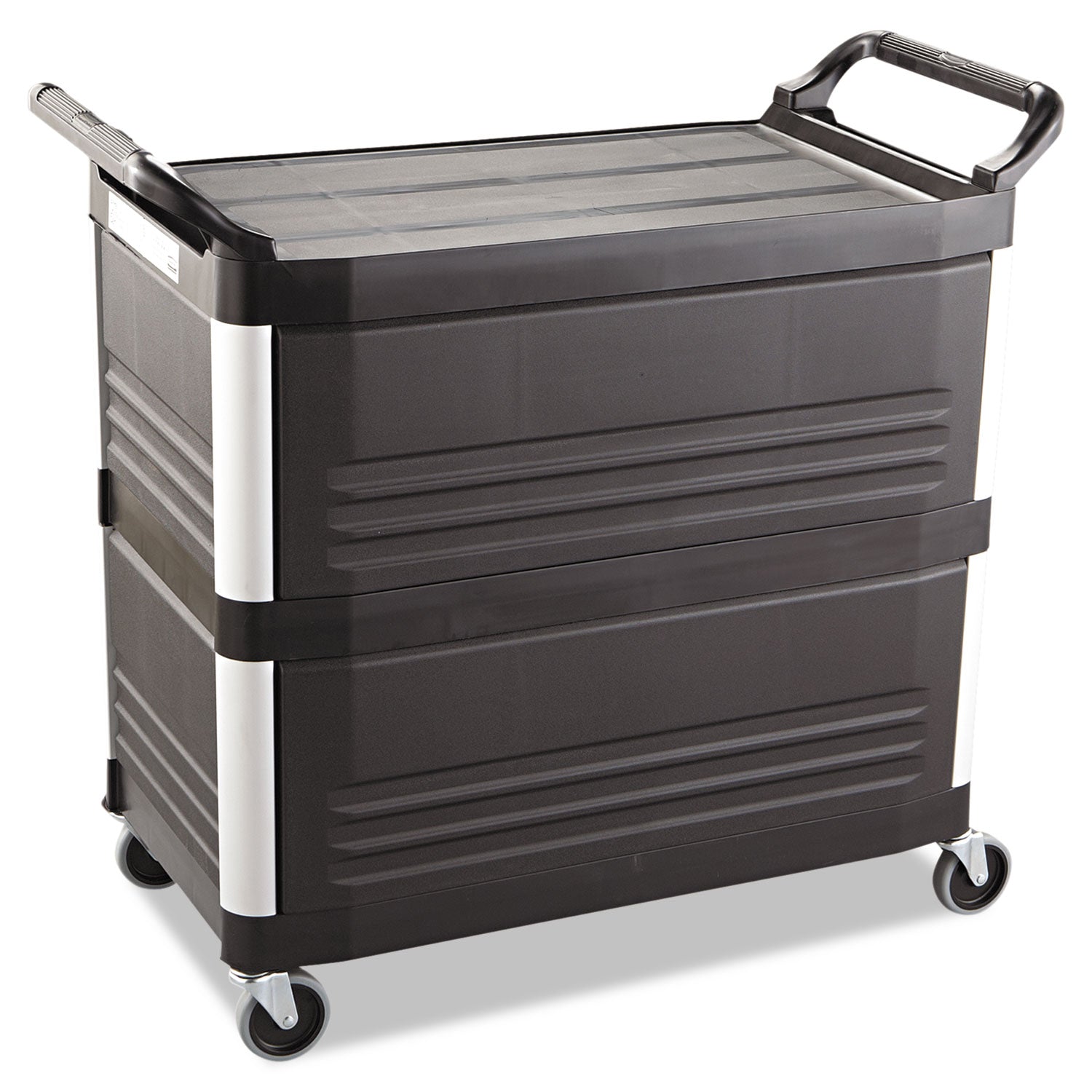 Rubbermaid® Commercial Xtra Utility Cart with Enclosed Sides and Back, Plastic, 3 Shelves, 300 lb Capacity, 20" x 40.63" x 37.8", Black