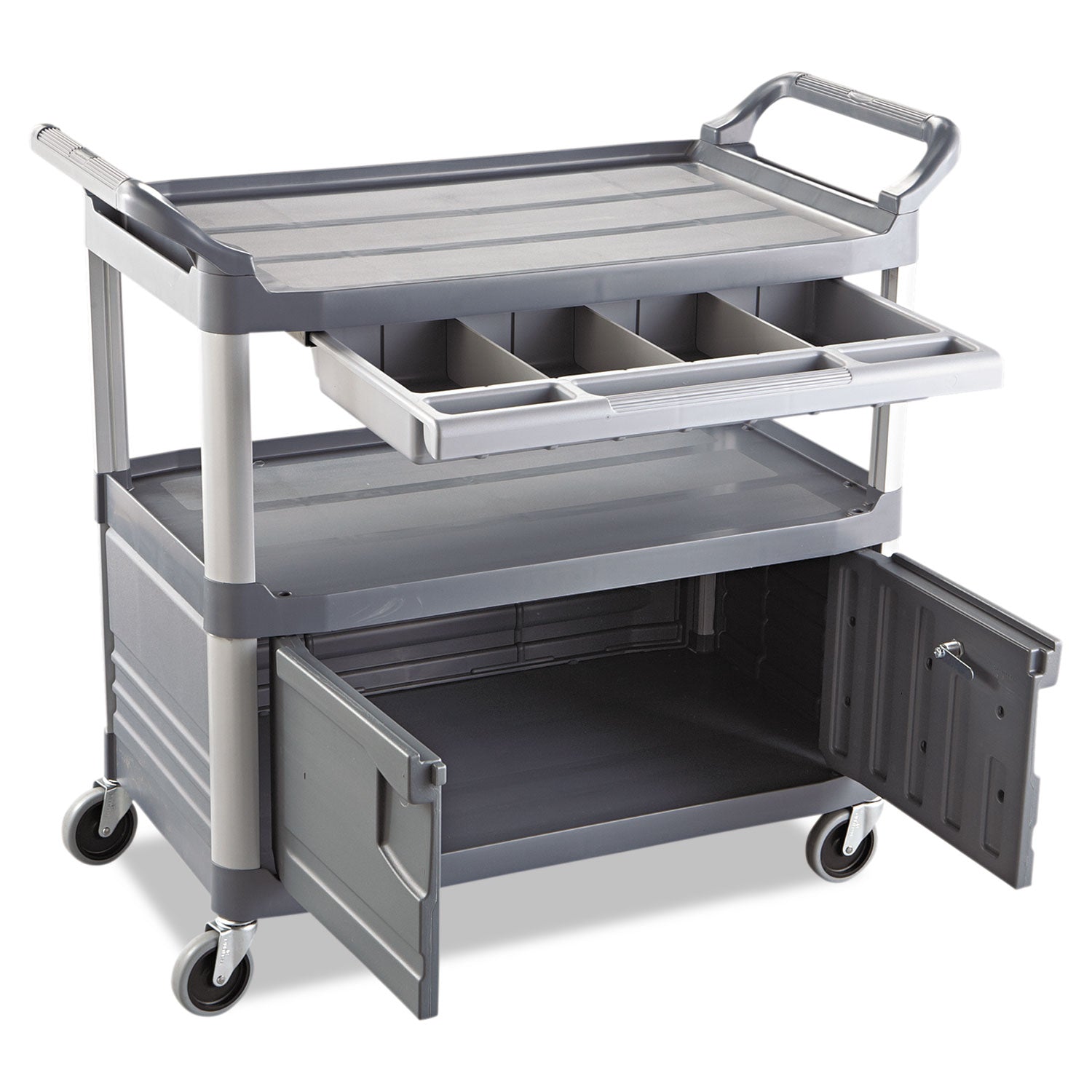 Rubbermaid® Commercial Xtra Instrument Cart with Locking Storage Area, Plastic, 3 Shelves, 300 lb Capacity, 20" x 40.63" x 37.8", Gray