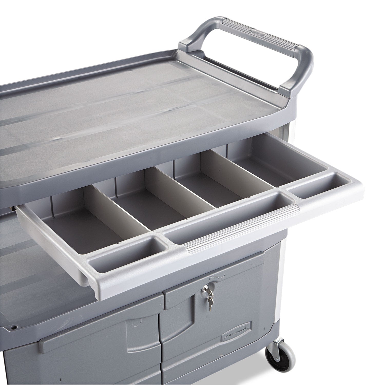 Rubbermaid® Commercial Xtra Instrument Cart with Locking Storage Area, Plastic, 3 Shelves, 300 lb Capacity, 20" x 40.63" x 37.8", Gray