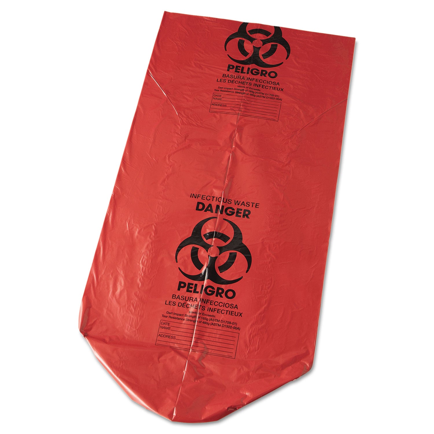 Inteplast Group Low-Density Commercial Can Liners, Infectious Waste Biohazard, 45 gal, 1.3 mil, 40" x 46", Red, Interleaved, 20/RL, 5 RL/CT