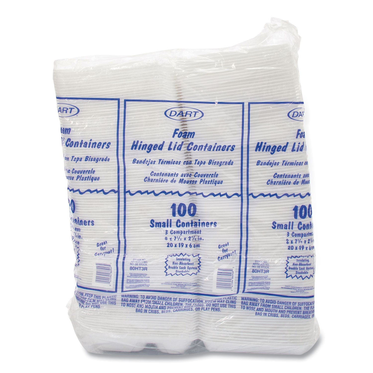 Dart® Foam Hinged Lid Containers, 3 Compartments, 7.5 x 8 x 2.3, White, 200/Carton