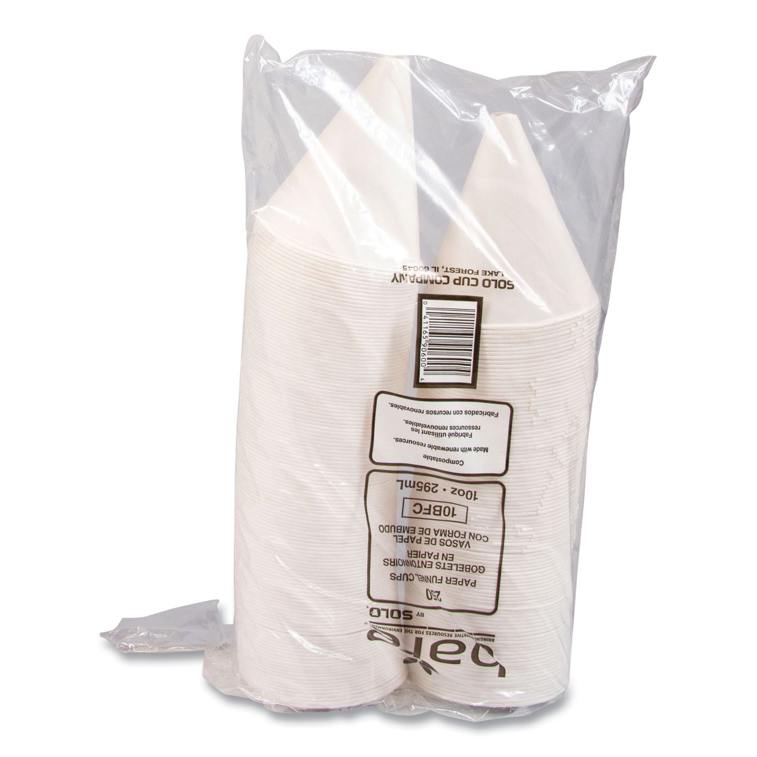 SOLO® Bare Eco-Forward Treated Paper Funnel Cups, 10 oz, White, 250/Bag, 4 Bags/Carton
