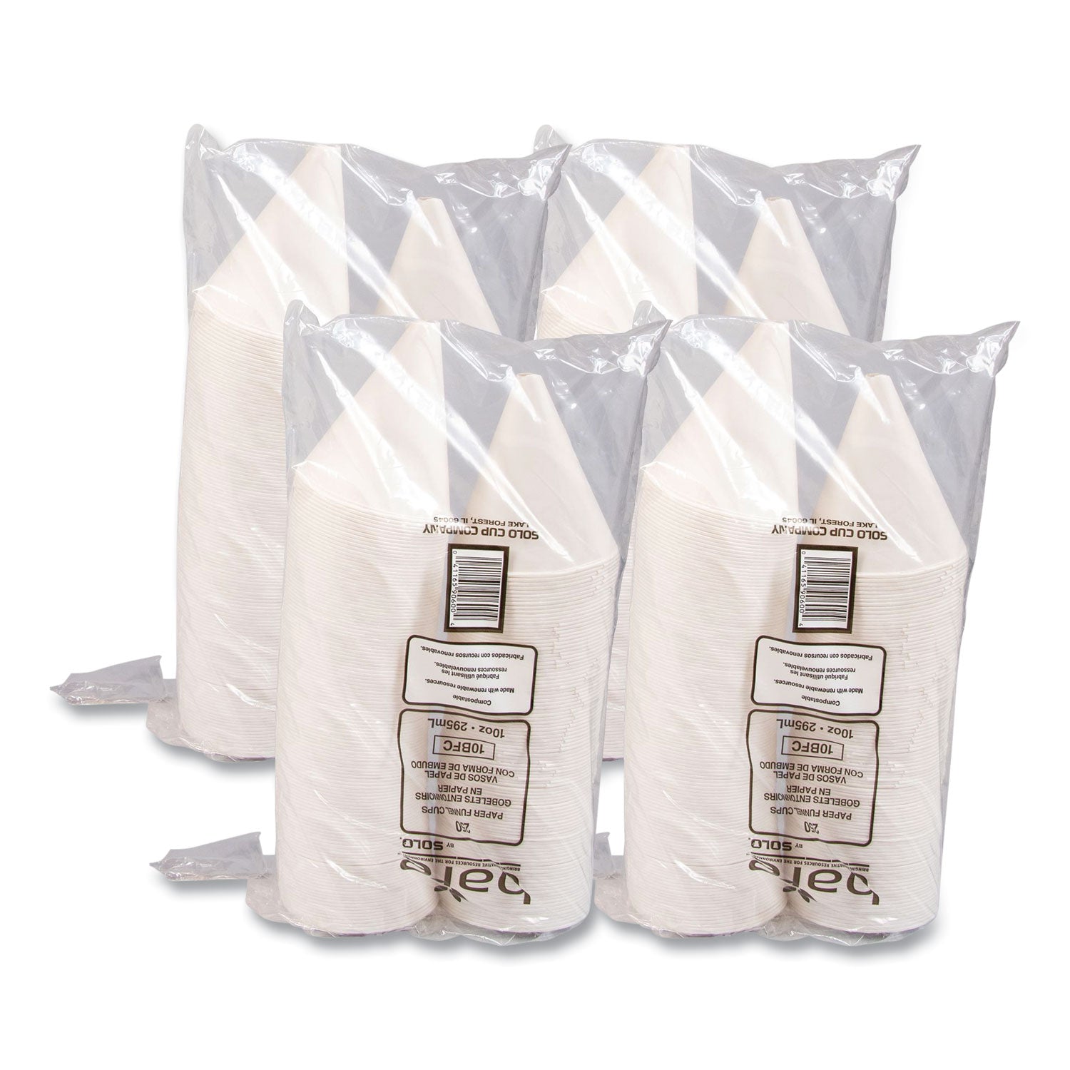 SOLO® Bare Eco-Forward Treated Paper Funnel Cups, 10 oz, White, 250/Bag, 4 Bags/Carton