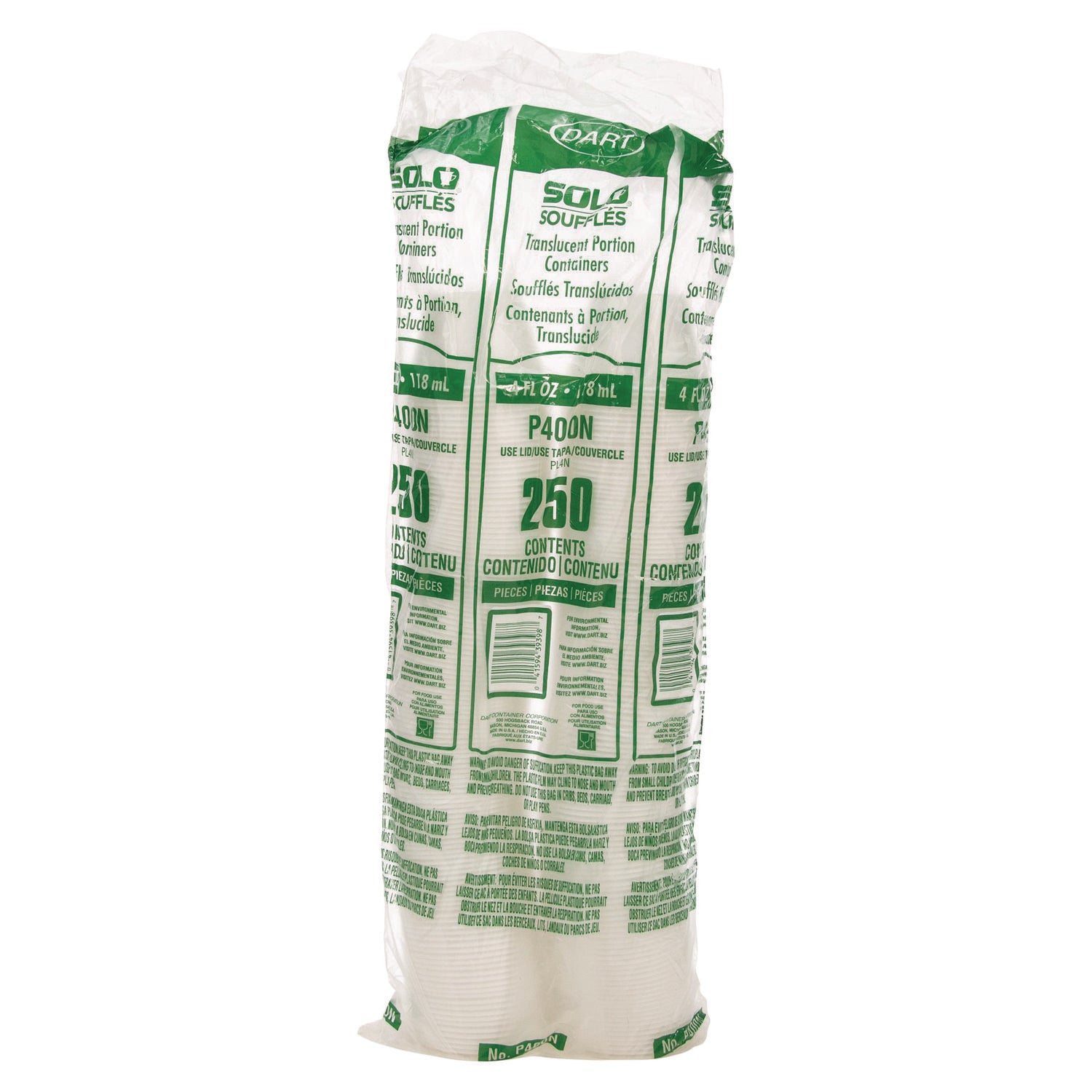 Dart® Polystyrene Portion Cups, 4 oz, Plastic, Translucent, 250/Bag, 10 Bags/Carton