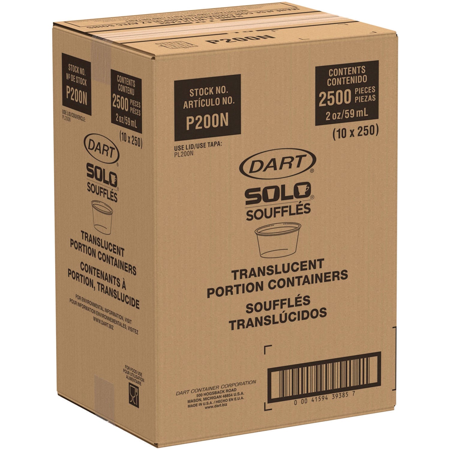 Dart® Polystyrene Portion Cups, 2 oz, Plastic, Translucent, 250/Bag, 10 Bags/Carton