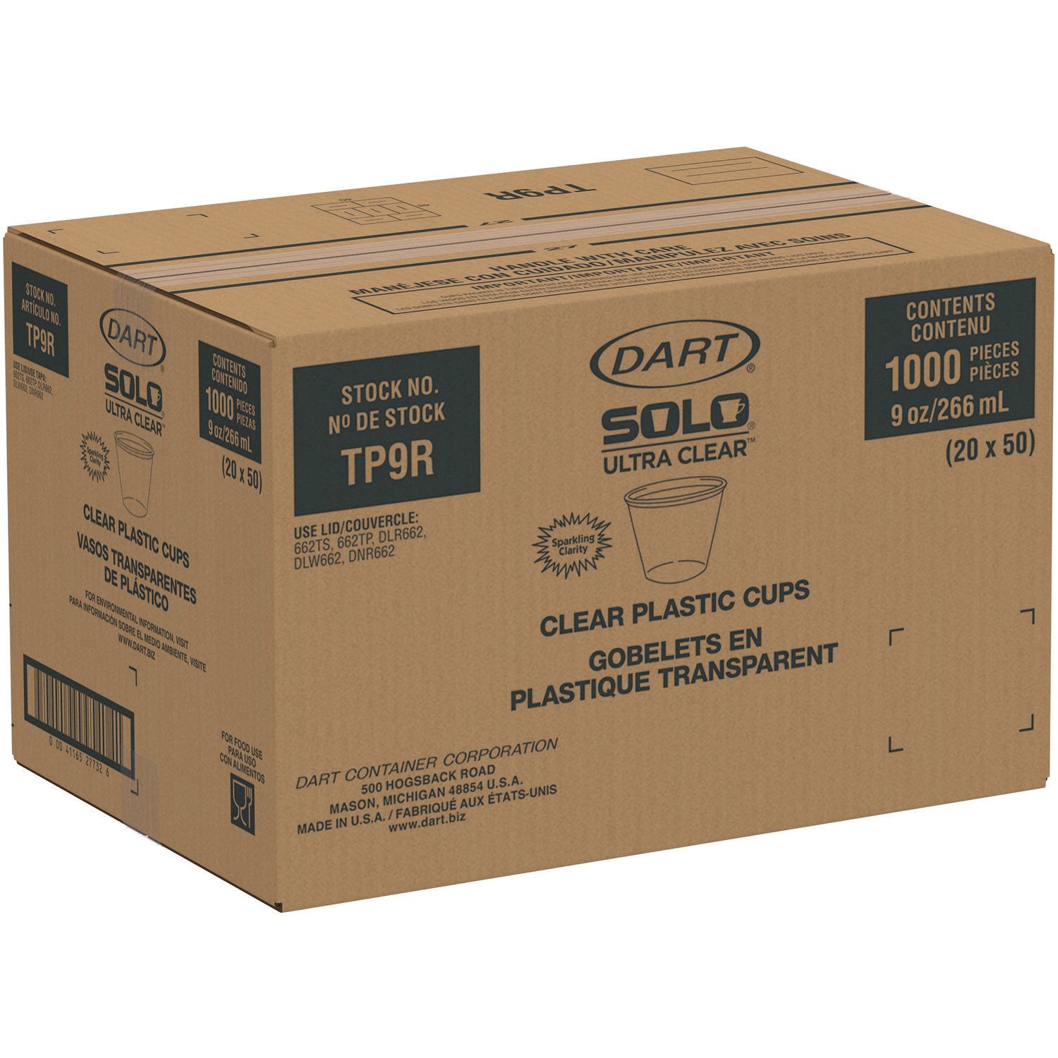 SOLO® Ultra Clear PET Cups, Squat, 9 oz, Plastic, 50/Bag, 20 Bags/Carton