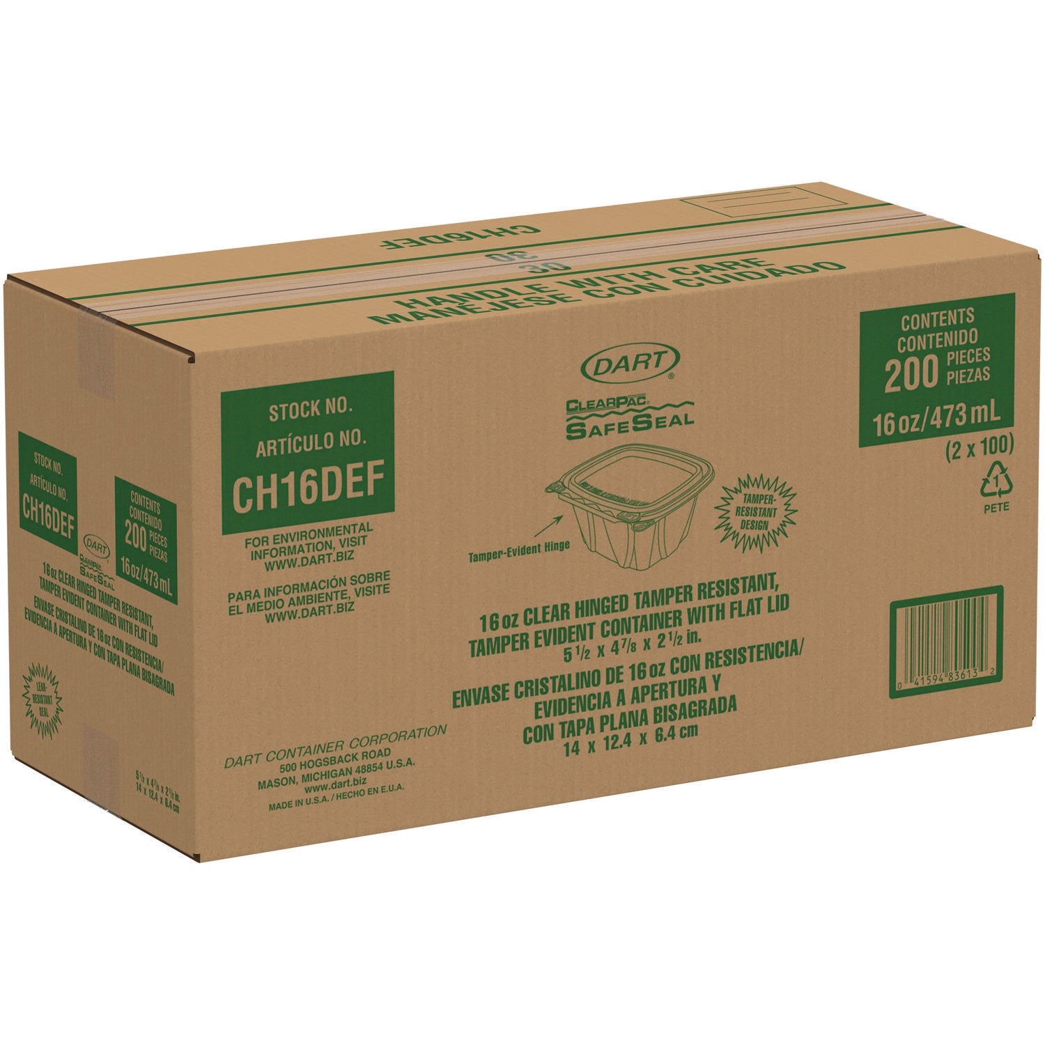 Dart® ClearPac SafeSeal Tamper-Resistant/Evident Containers, Flat Lid, 16 oz, Clear, Plastic, 100/Bag, 2 Bags/Carton