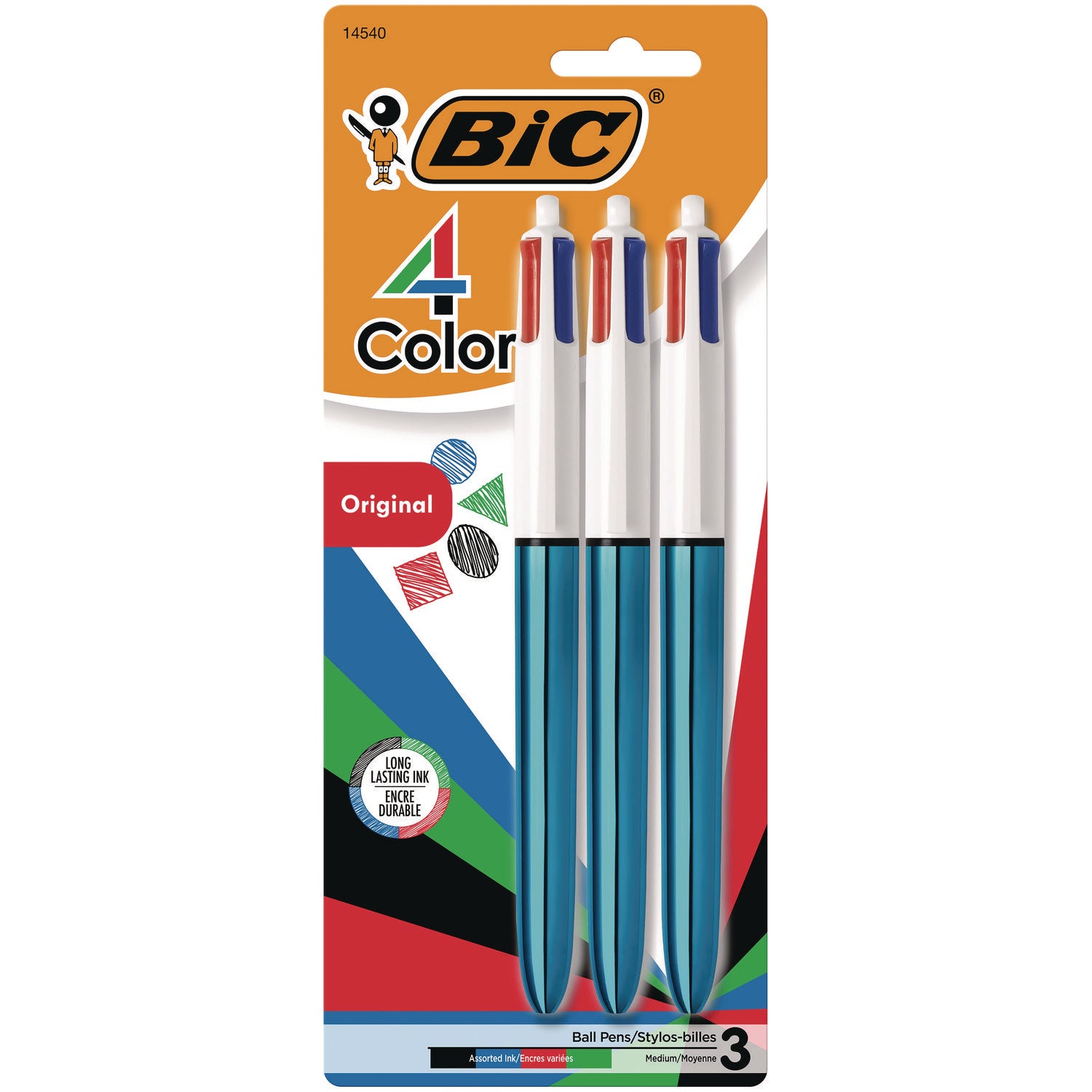 BIC® 4-Color Ballpoint Pen, Retractable, Medium 1 mm, Black/Blue/Green/Red Ink Colors, Randomly Assorted Barrel Colors, 3/PK
