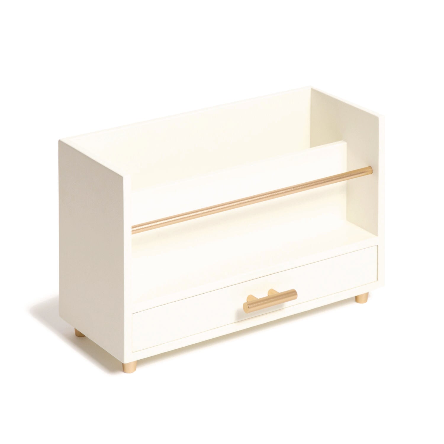 U Brands Juliet Desk Organizer, 3 Compartments, 1 Drawer, 9.5" x 4.2" x 4.9", White/Gold, Wood/Metal
