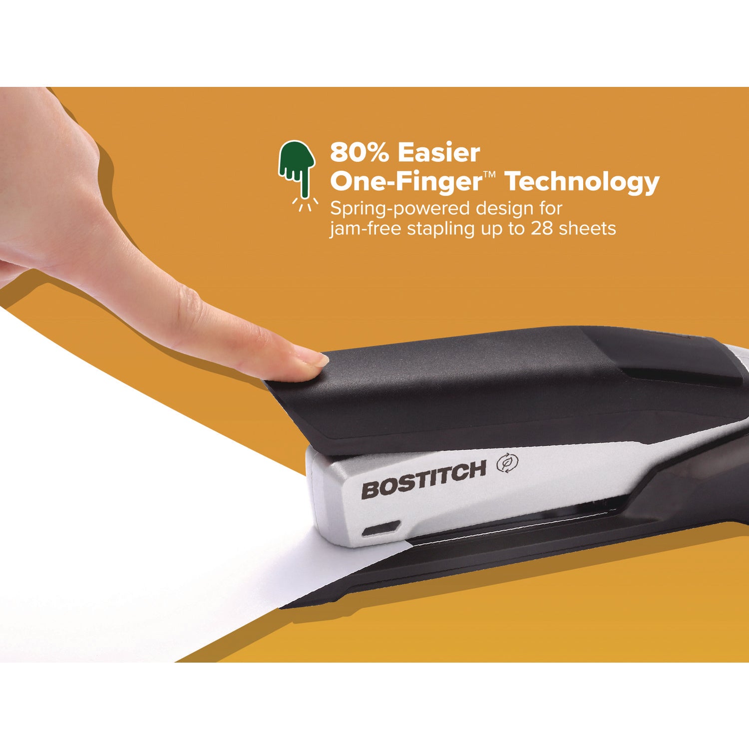 Bostitch® inPOWER+28 Executive One-Finger 3-in-1 Eco-Friendly Desktop Stapler, 28-Sheet Capacity, Black/Silver
