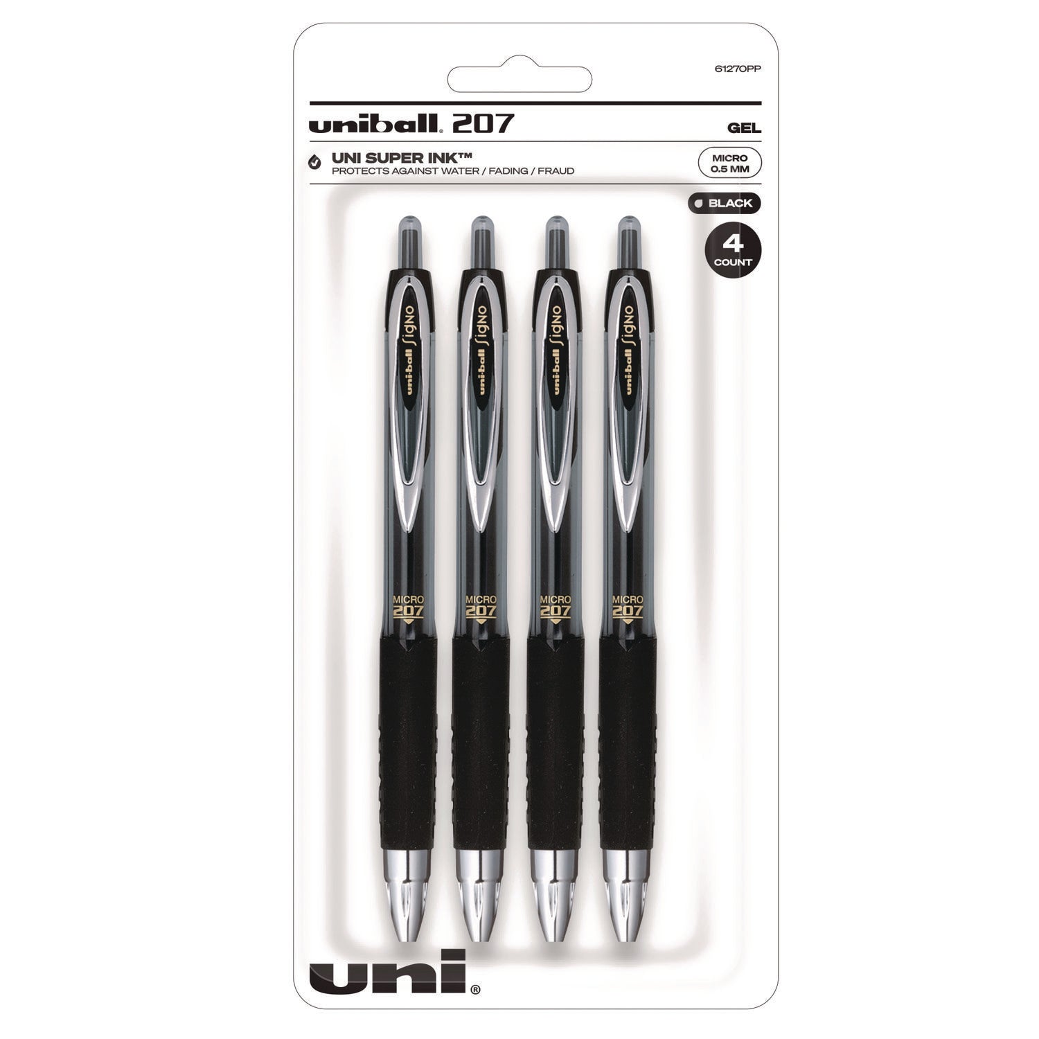 Signo 207 Gel Pen, Retractable, Fine 0.5 mm, Black Ink, Smoke/Black Barrel, 4/Pack