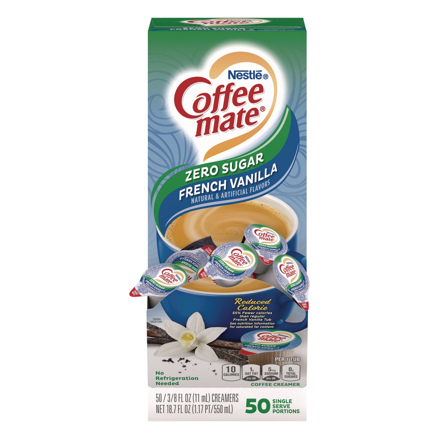 Coffee mate® Liquid Coffee Creamer, Zero Sugar French Vanilla, 0.38 oz Mini Cups, 50/Box, 4 Boxes/Carton