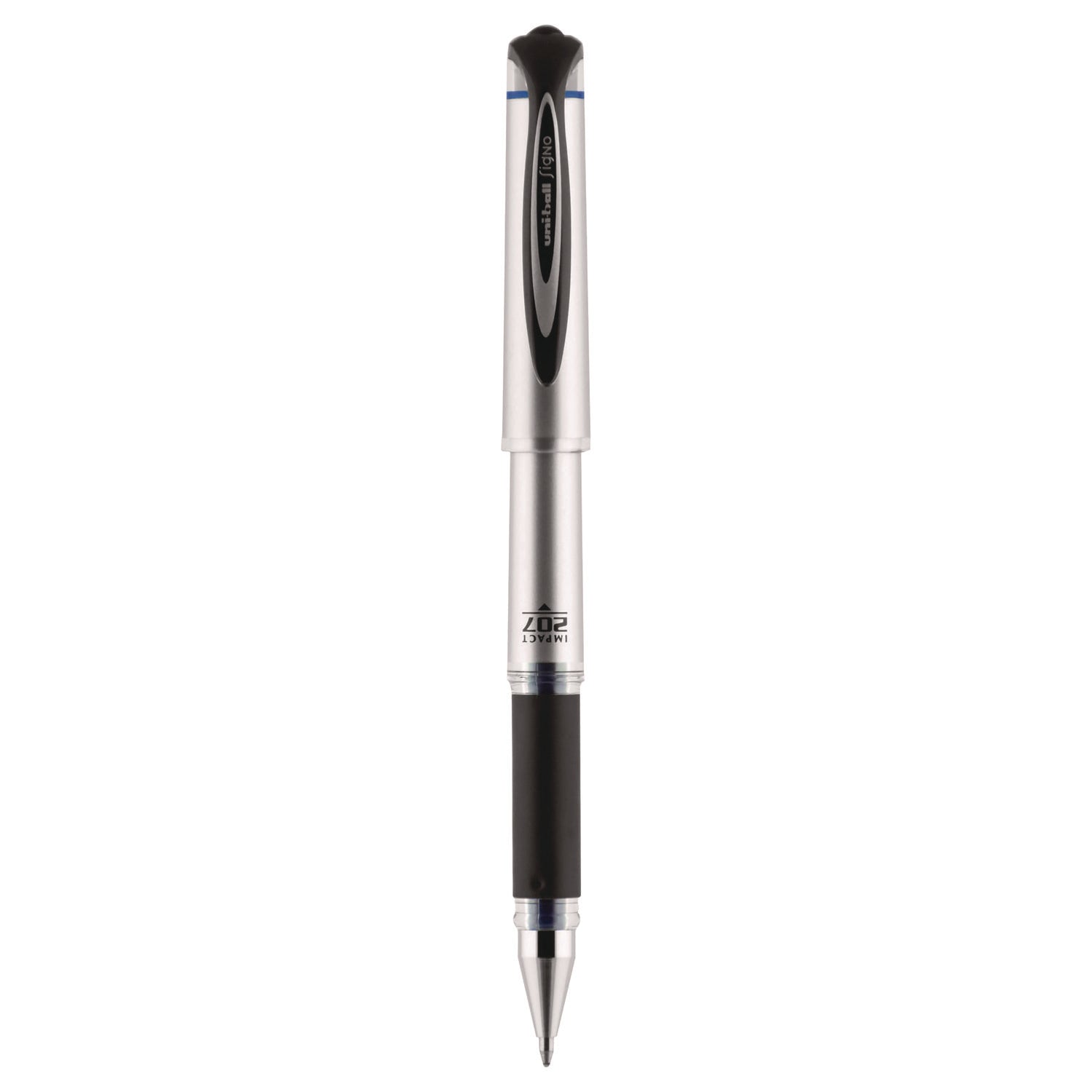 uniball® 207 Impact Gel Pen, Stick, Bold 1 mm, Blue Ink, Silver/Black/Blue Barrel