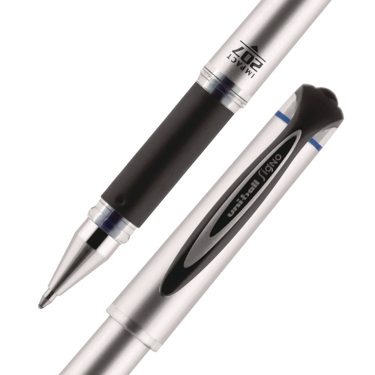 uniball® 207 Impact Gel Pen, Stick, Bold 1 mm, Blue Ink, Silver/Black/Blue Barrel