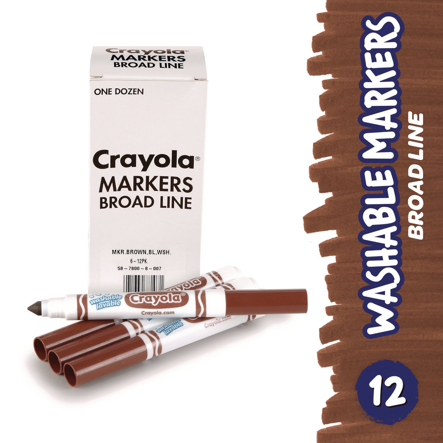 Crayola® Broad Line Washable Markers, Broad Bullet Tip, Brown, 12/box