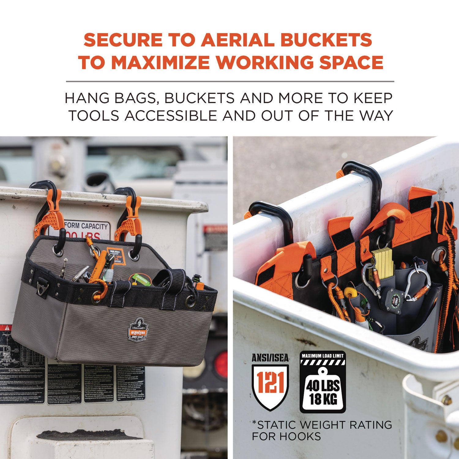 ergodyne® Squids 3178 Locking Aerial Bucket Hook, Tethering Point, 8.27 x 6.69 x 2.17, Black/Orange, Supports 40 lbs