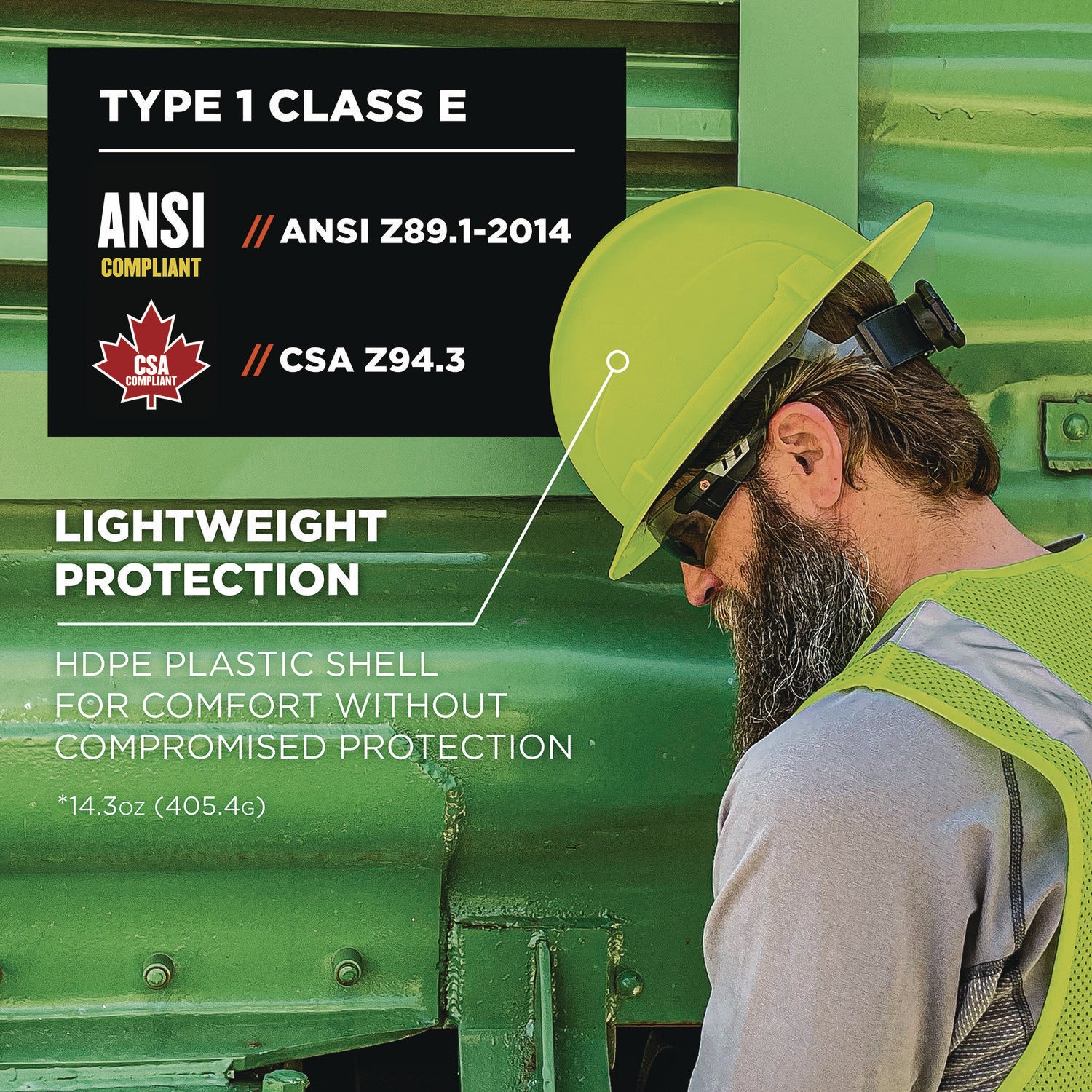 ergodyne® Skullerz 8969 Class E Lightweight Full Brim Hard Hat, 6-Point Rachet Suspension, Lime