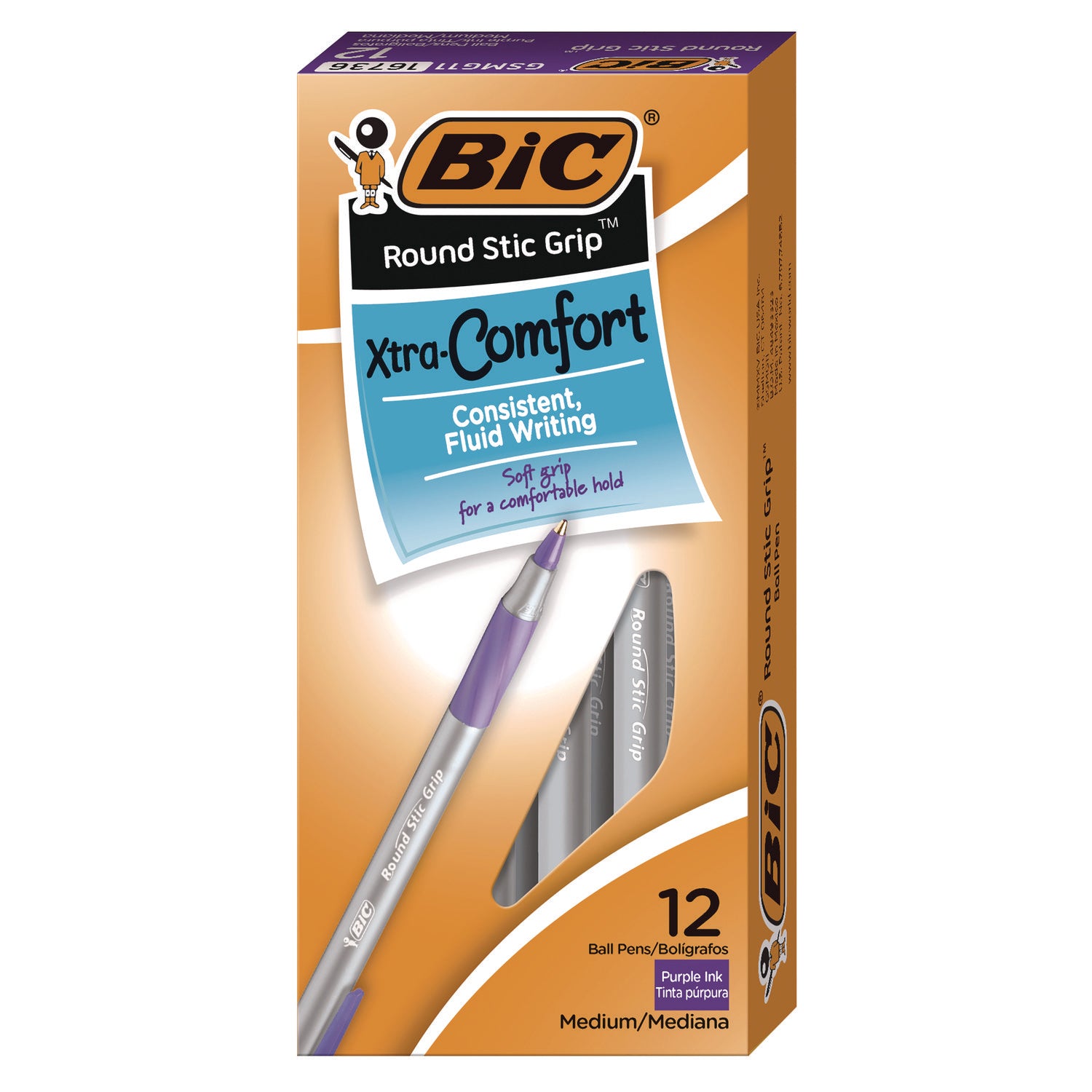 BIC® Round Stic Grip Xtra Comfort Ballpoint Pen, Easy-Glide System, Stick, Medium 1.2 mm, Purple Ink, Gray/Purple Barrel, Dozen