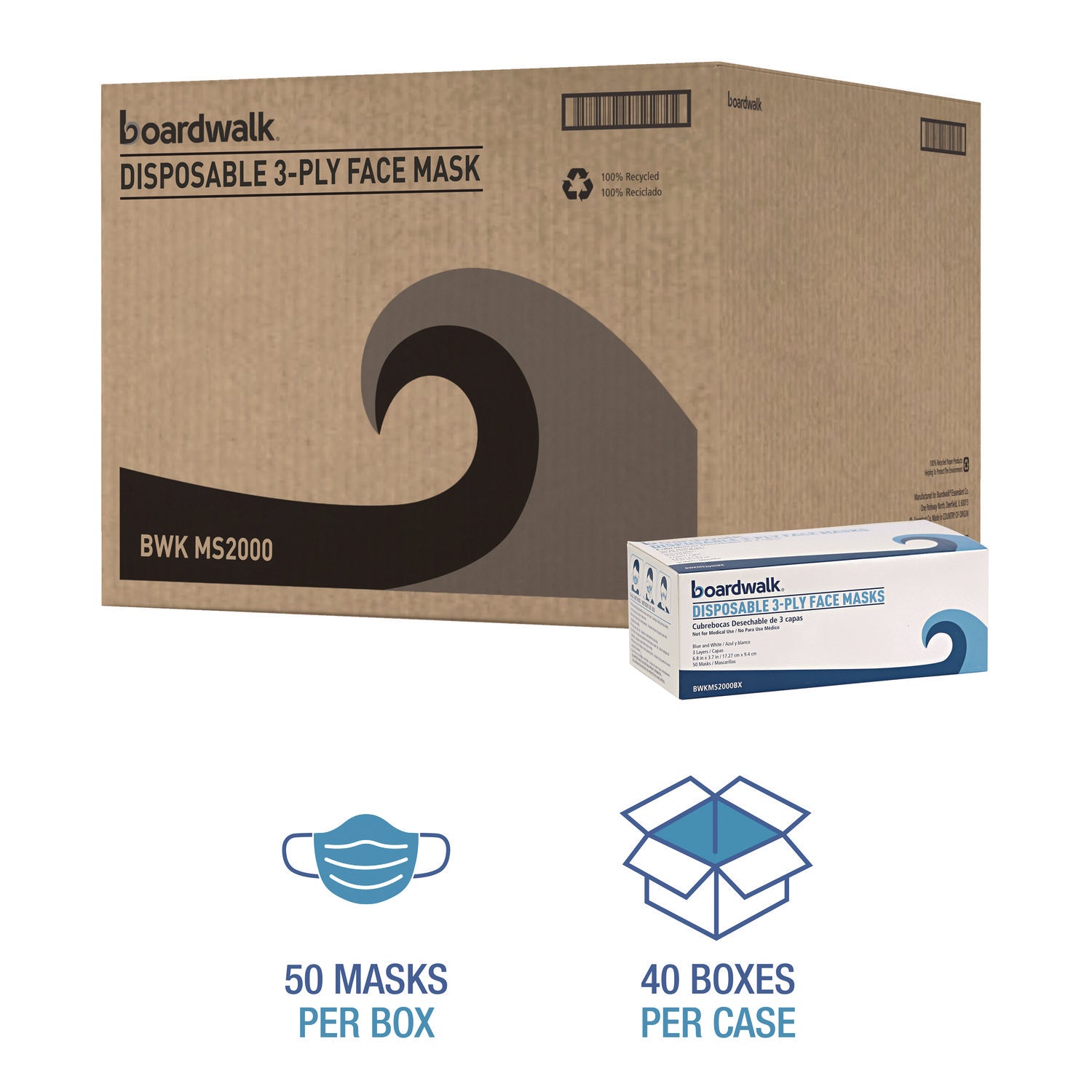 Boardwalk® Three-Ply General Use Face Mask, Blue, 50/box, 40 Boxes/carton