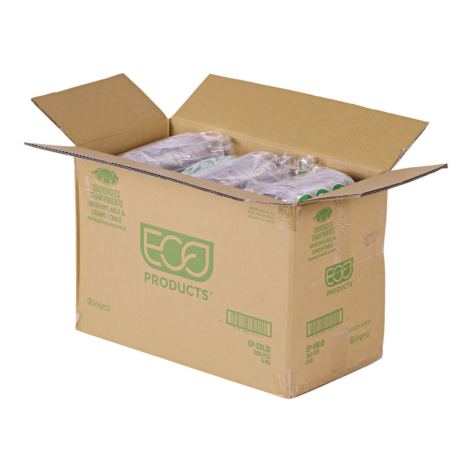 Eco-Products® Renewable and Compostable Lids, Fits 24, 32 and 48 oz Salad Bowls, Clear, Plastic, 300/Carton