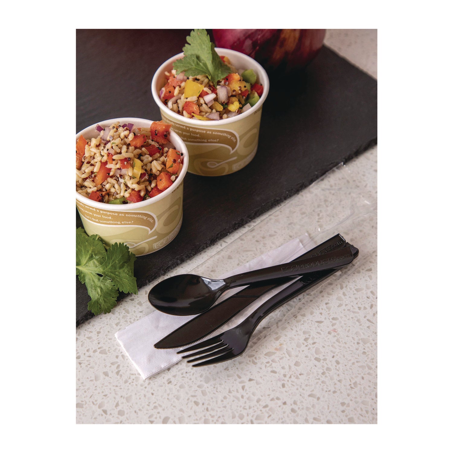 Eco-Products® 100% Recycled Content Cutlery Kit, Heavyweight Fork/Knife/Soup Spoon/Spoon, Plastic, Black, 250/Carton