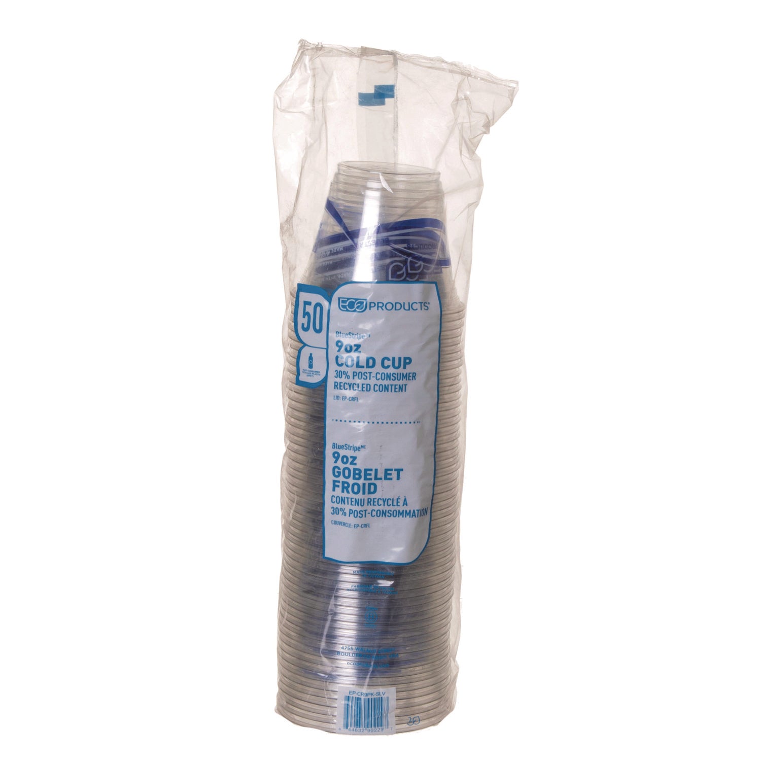 Eco-Products® BlueStripe 25% Recycled Content Cold Cups, 9 oz, Plastic, Clear/Blue, 50/Pack, 20 Packs/Carton