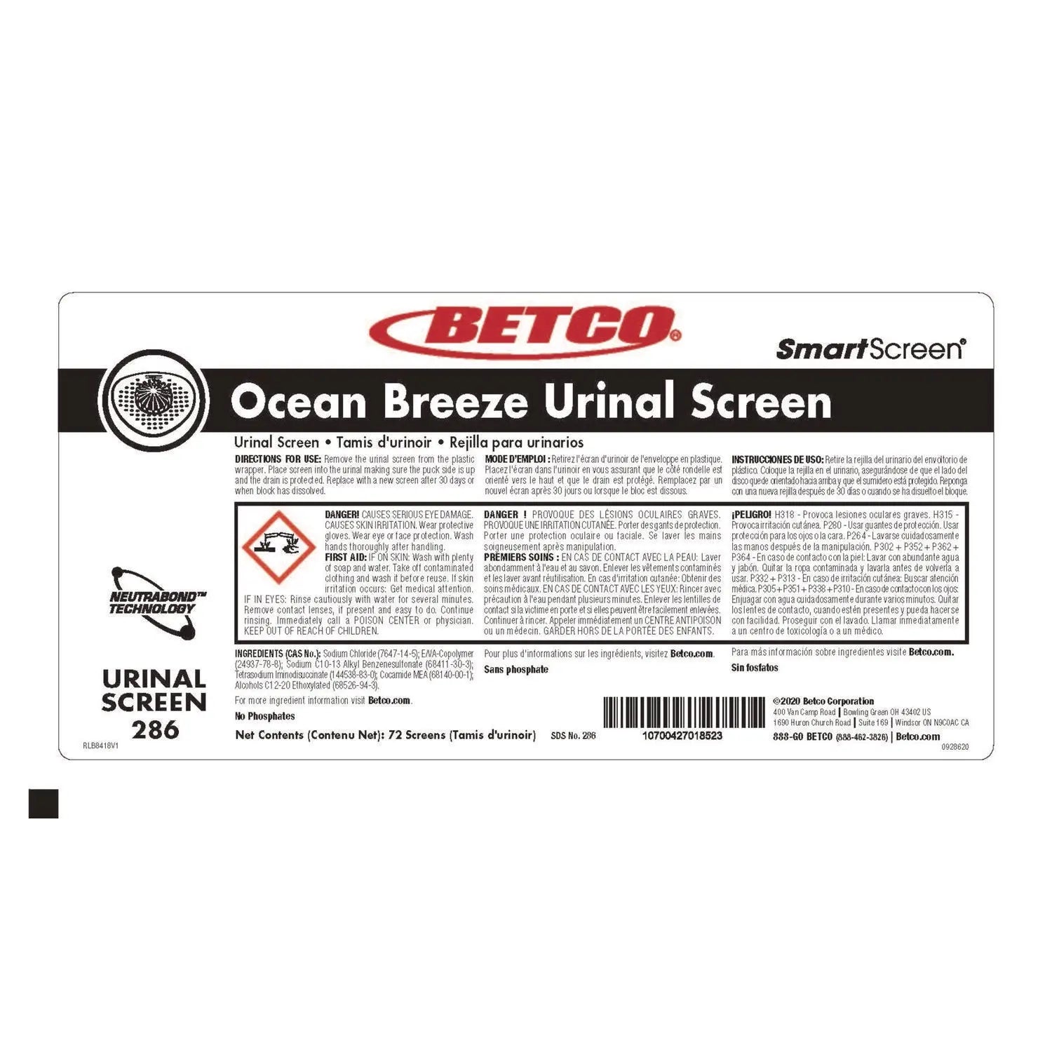 SmartSCREEN Urinal Screen, Ocean Blue Scent, Blue, 1 lb, 72/Carton Betco® Flipcost