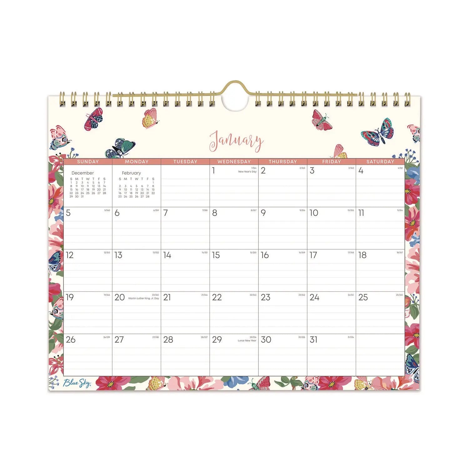 Fly By Monthly Wall Calendar, Butterflies Artwork, 11" x 8.75", Cream/Pink/Blue Sheets, 12-Month (Jan to Dec): 2025
